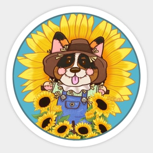 Tri Color Corgi Scarecrow in the Sunflower Field Sticker